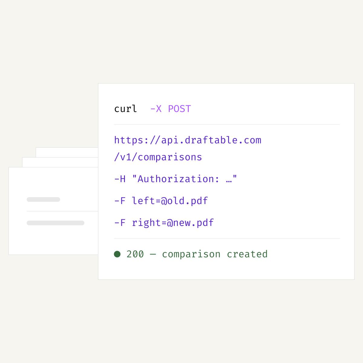 Code snippet showing a Draftable API comparison request