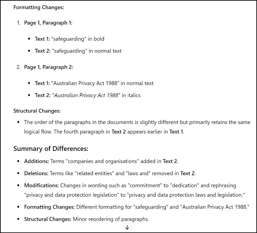 AI-generated summary of differences between two documents