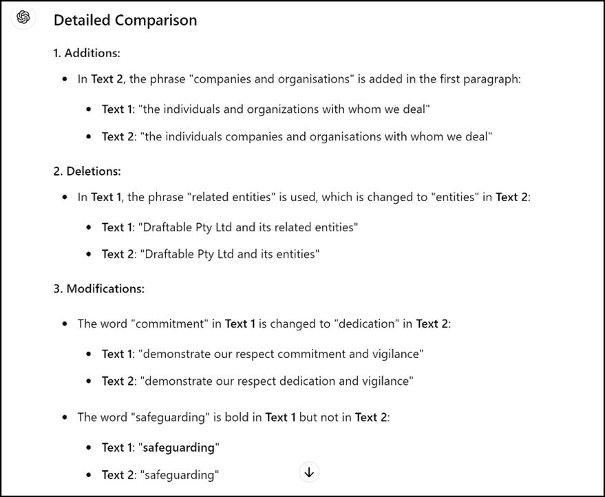 AI-generated detailed comparison of two documents