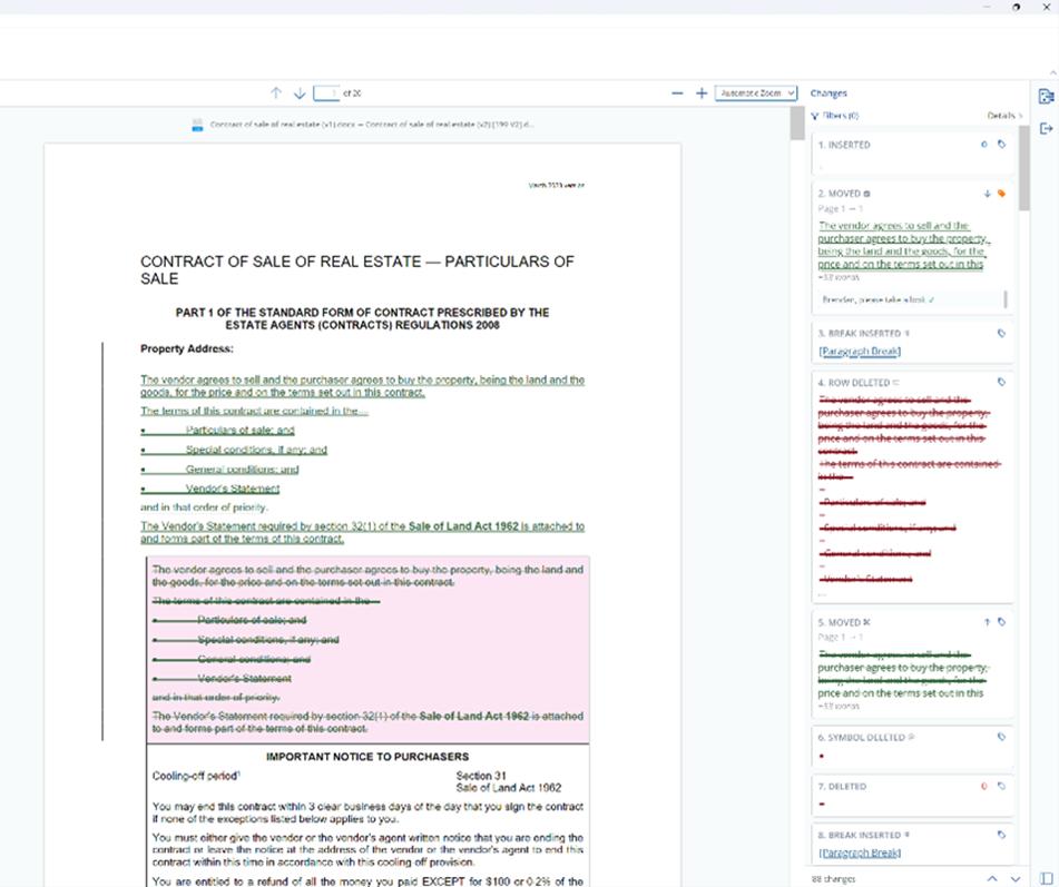 Screenshot of a redlined contract comparison