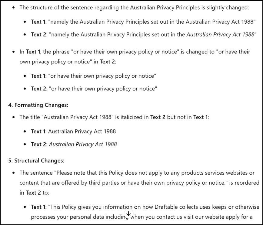 AI-generated list of changes between two documents