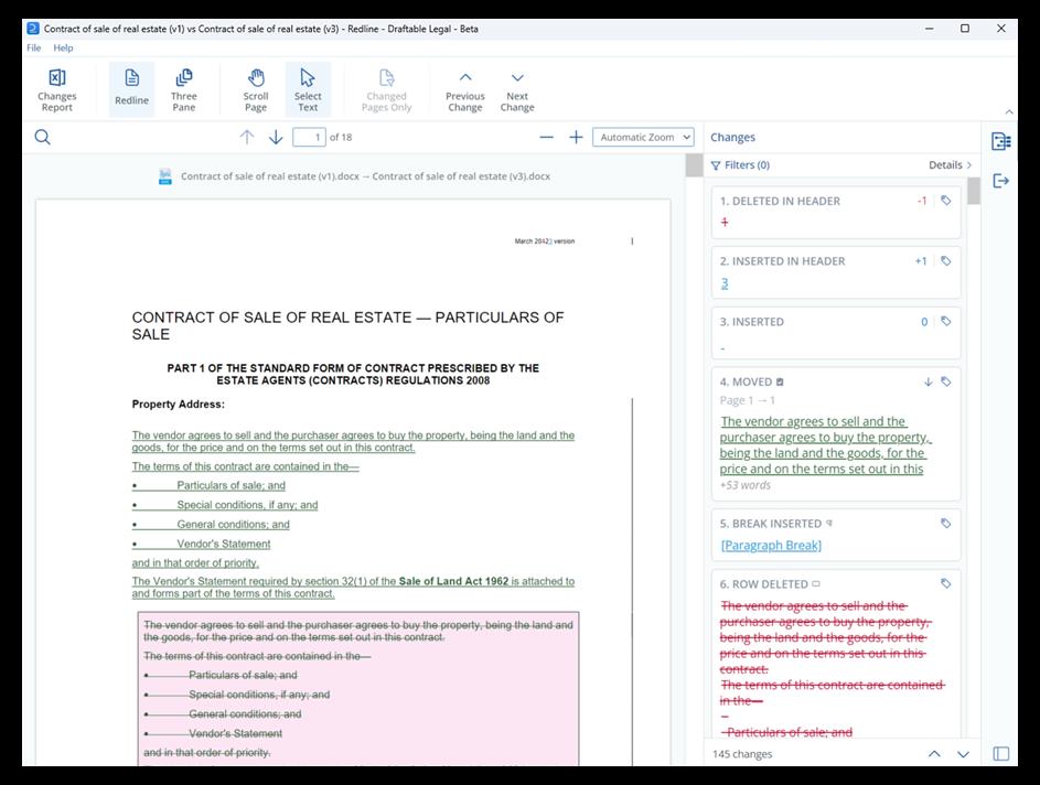 Draftable comparison of a contract with changes highlighted