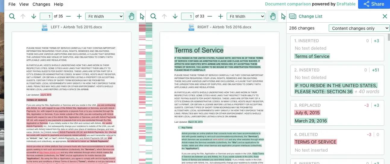 Side-by-side document comparison with highlighted changes