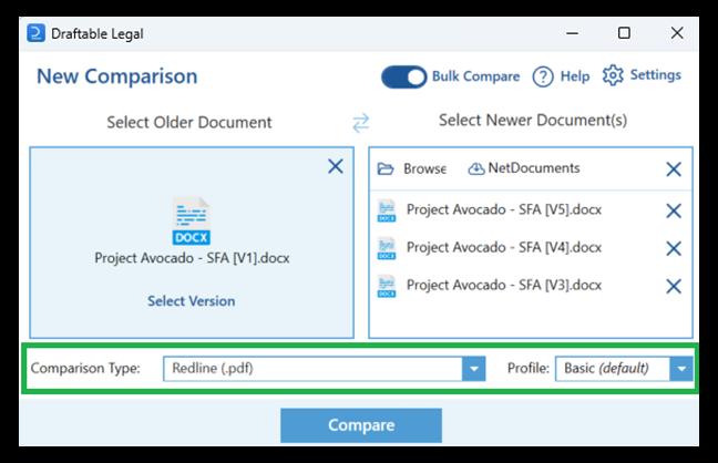 Draftable Legal Bulk Compare launcher