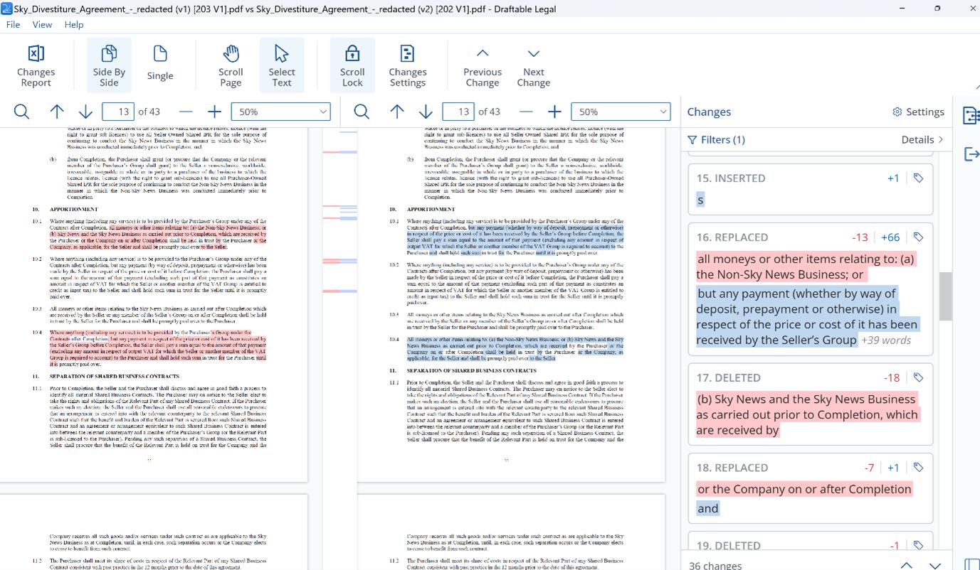 Screenshot of the Draftable viewer for side by side comparisons