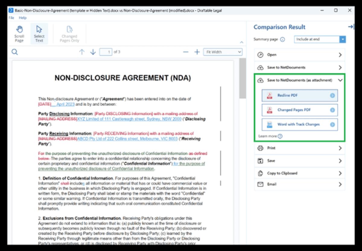 Screenshot of Draftable Legal NetDocuments integration
