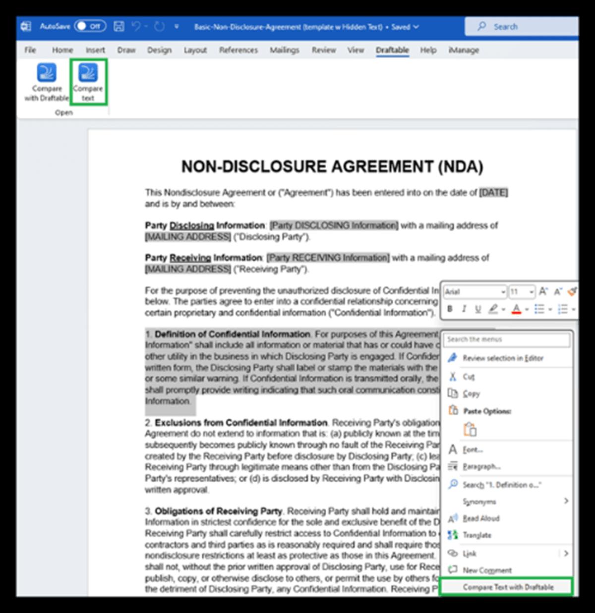 Screenshot of comparing free text with Draftable Legal