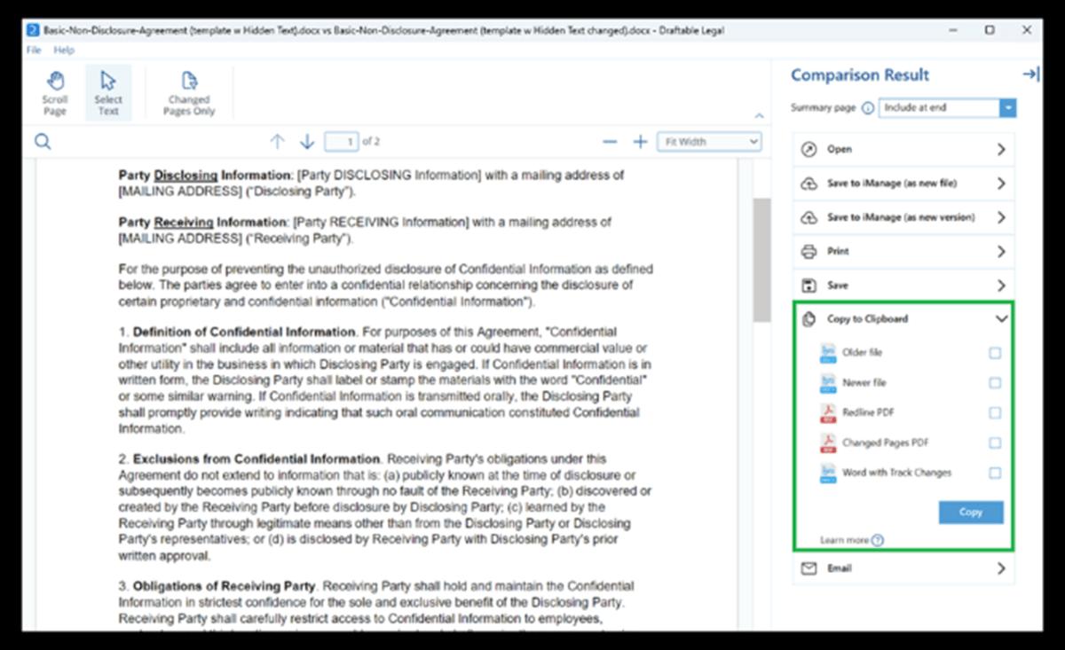 Screenshot of Draftable Legal document comparison