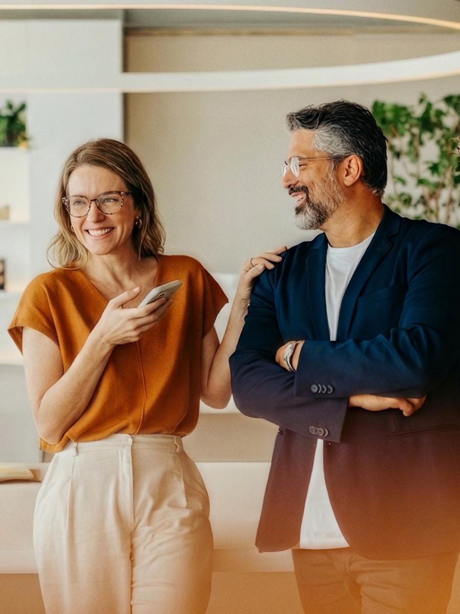 Two colleagues talking in a bright office