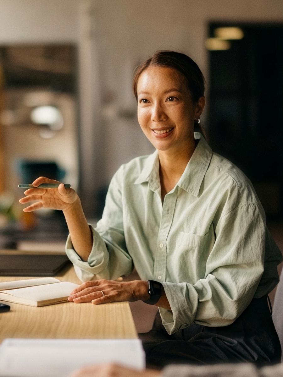 Smiling woman in a meeting with a colleague