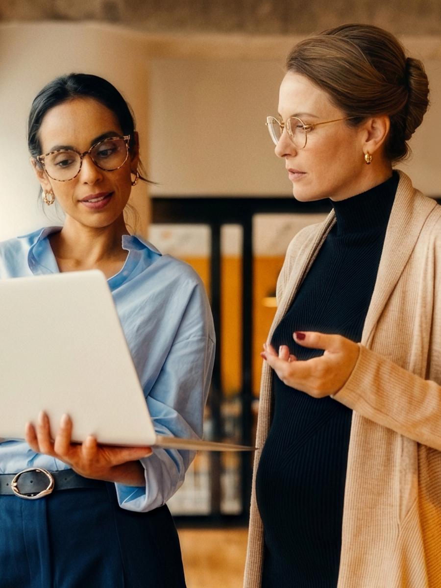 Two colleagues discussing work over a laptop